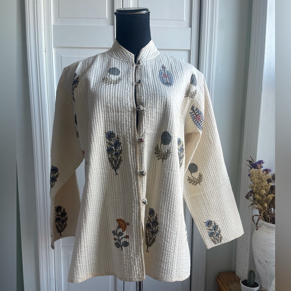 Off White Print Quilted Cotton Jacket